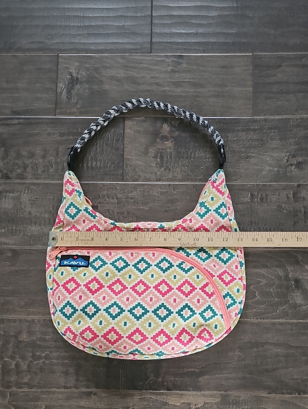 Kavu Sydney Satchel Multicolor Diamond Geometric Print Shoulder Bag Pink Trim - Picture 5 of 7